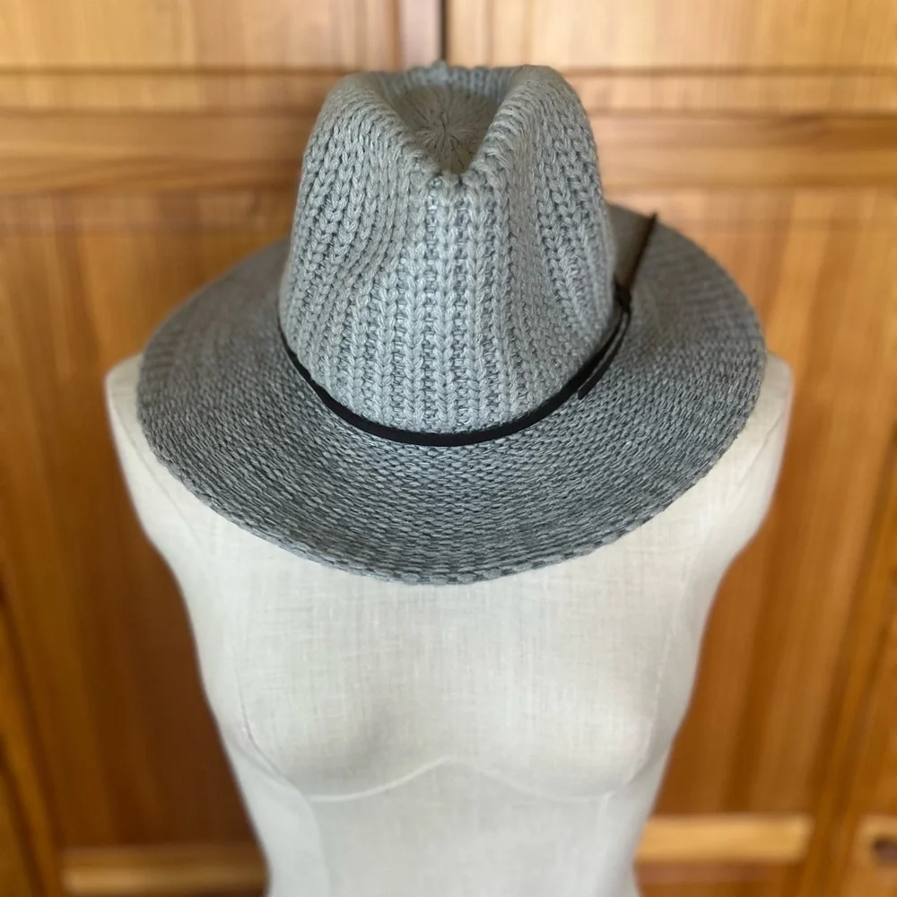 C.C Women's Gray Fall Winter Knit Leather Band Wide Brim Panama Fedora Boho Hat